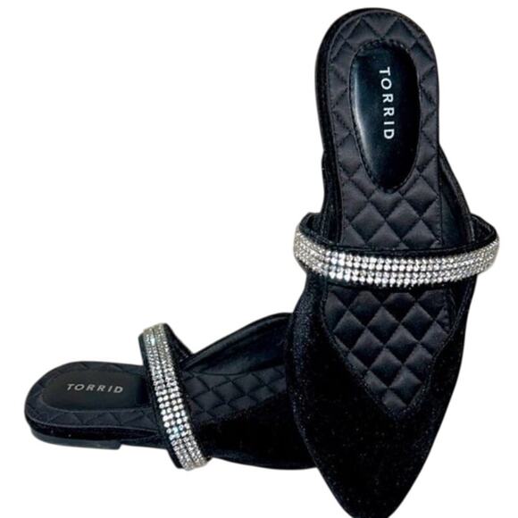 torrid Shoes - NEW Torrid Velvet Black and Silver Rhinestones Mules Pointed Toe Size 9 WW wide